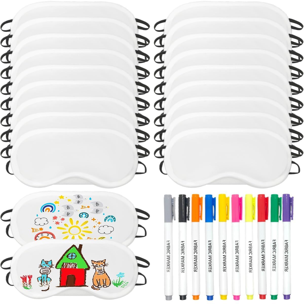 30 PCS Sleep Eye Mask Sleepover Party Supplies, 20 PCS White Sleep Mask with 10 PCS Fabric Marker Pens Shade Blindfold Eye Covering for Sleeping