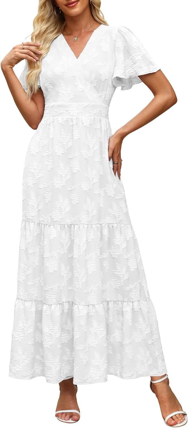 Womens Boho Floral Maxi Dress Elegant Wrap V Neck Short Flutter Sleeve Flowy Tiered A Line Summer Beach Wedding Guest Dresses - Image 2