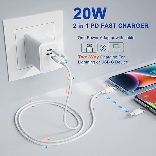 Miniatura 2 de Cargador rápido para iPhone 15, 20 W bidireccional 2 en 1 PD cargador rápido con puerto Lightning y USB C, adaptadores eléctricos compatibles con
