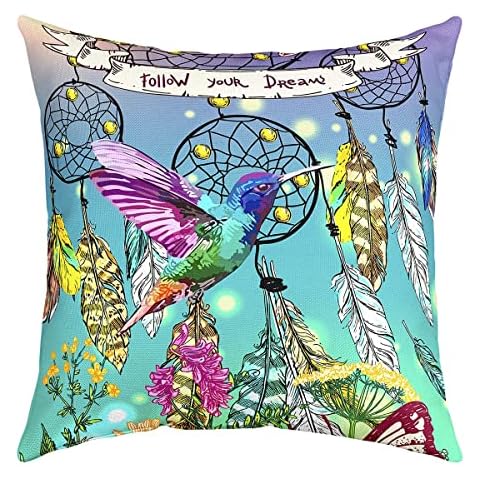 Watercolor Bird Pillow Cover 18X18 Inch Exotic Tribal Dream Catcher Animal Feather Print Decor Square Cushion Cover Yellow Flowers Rustic Plant Cushion Case for Party Housewarming Office RV Cover