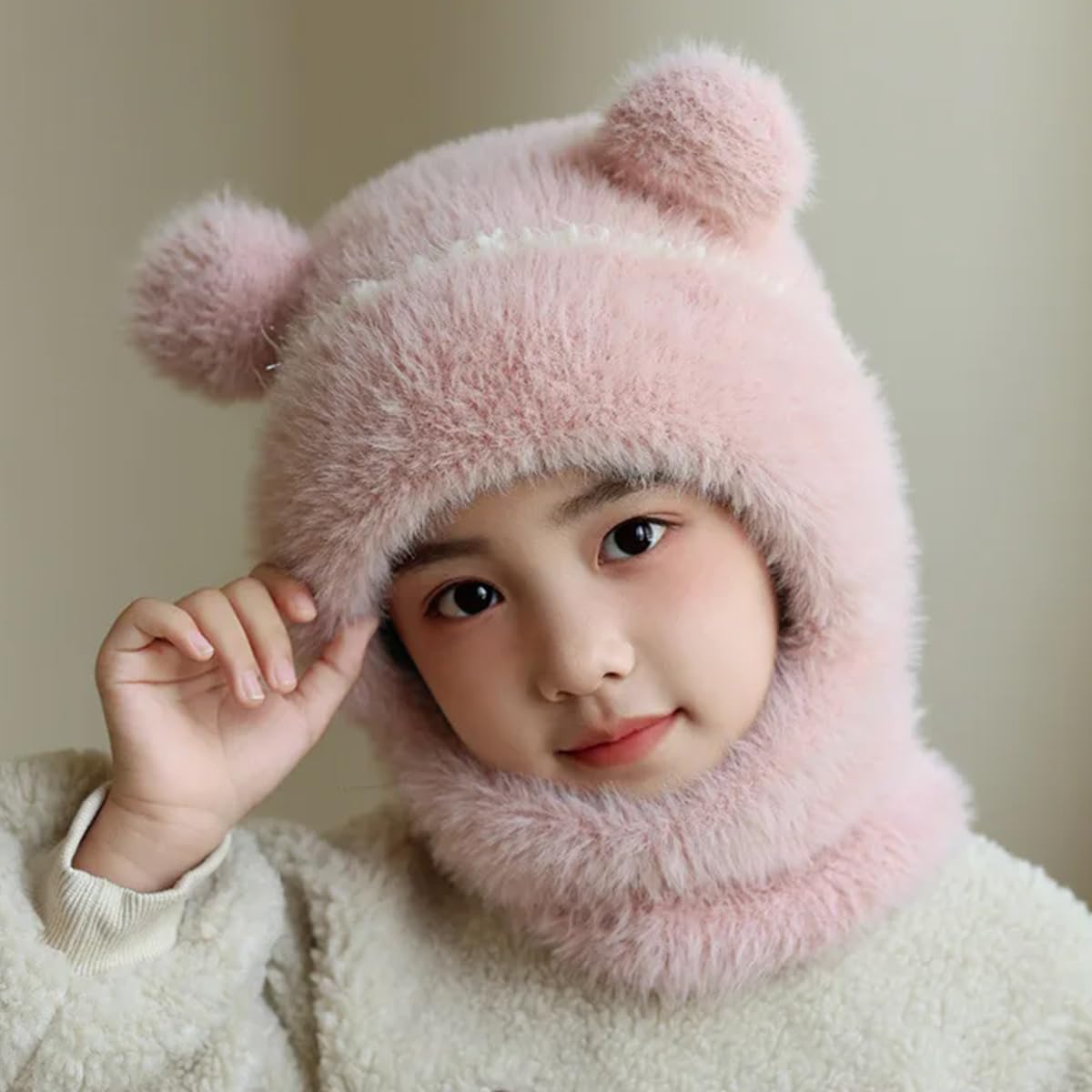 Bonnet écharpe Chaud et Moelleux pour Enfants, Ensemble de Chapeaux de Protection des Oreilles d'hiver pour Petite Fille et garçon, Bonnets à Pompons