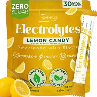 Zero Sugar Lemon Candy Electrolytes Sticks - Refreshing Hydration - Caffeine Free Energy with All Natural Ingredients - Vegan, Keto & Paleo - Sugar Free Electrolytes Powder Drink Mix - 30 Sticks