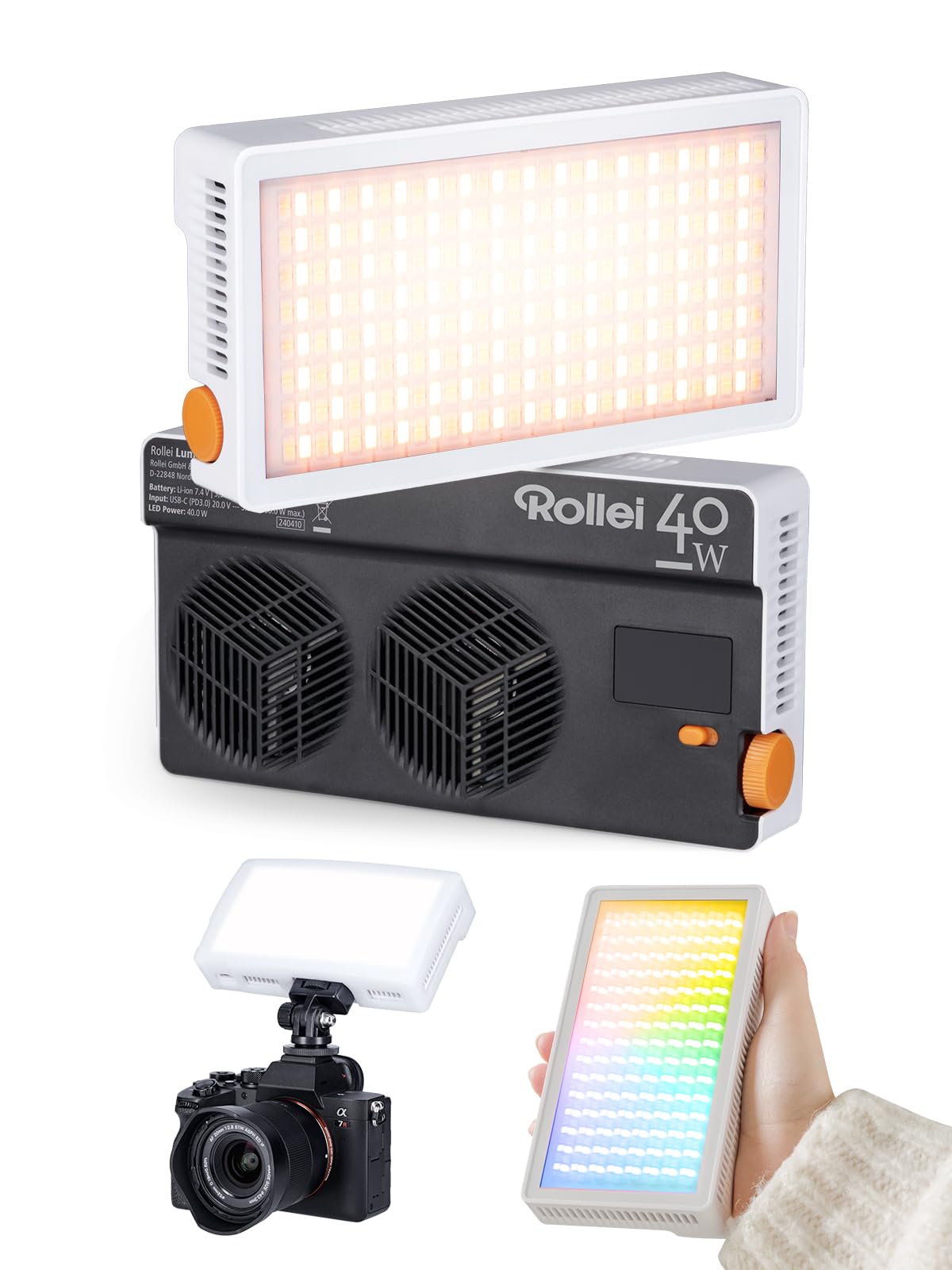 Rollei Lumis 40W RGB Led Videoleuchte, Kamera Licht mit Eingebautem Akku und Typ-C-Aufladung 5645 Lux CRI/TLCI 97+, 263g Fotolampe für Fotostudios Live Streaming YouTube TikTok