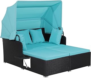 COSTWAY Garden Rattan Daybed, Patio 2 Seater Wicker Sun Bed Lounger with Retractable Canopy, Folding Side Tables and Cushions, Outdoor Double Conversation Furniture for Yard Lawn Poolside (Turquoise)