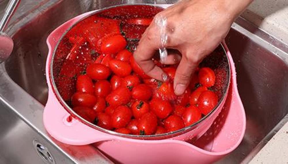 Colador Colador 2 en 1 Cestas de Frutas giratorias para Cocina Coladores microperforados Desmontables Autodrenantes para Pasta Arroz Espagueti Fideos Ensaladas Verduras (Azul)-Pink