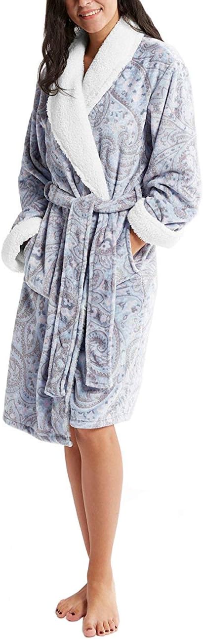 INK+IVY Plush Kimono Belted Robe for Women - Mid-Length Ladies Bathrobe Loungewear with Pocket, Collar & Cuff, Printed Paisley Grey, S/M