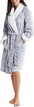 INK+IVY Plush Kimono Belted Robe for Women - Mid-Length Ladies Bathrobe Loungewear with Pocket, Collar & Cuff, Printed Paisley Grey, S/M