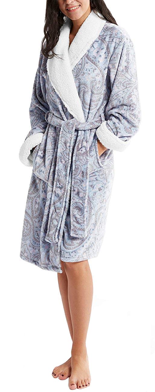 INK+IVY Plush Kimono Belted Robe for Women - Mid-Length Ladies Bathrobe Loungewear with Pocket, Collar & Cuff, Printed Paisley Grey, S/M