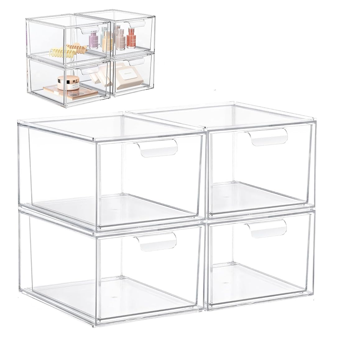 SYAMEET 4-Pack Stackable Makeup Organiser and Storage with Handle, Acrylic Clear Plastic Storage Drawer for Bathroom, Vanity, Kitchen Cabinets, and Pantry
