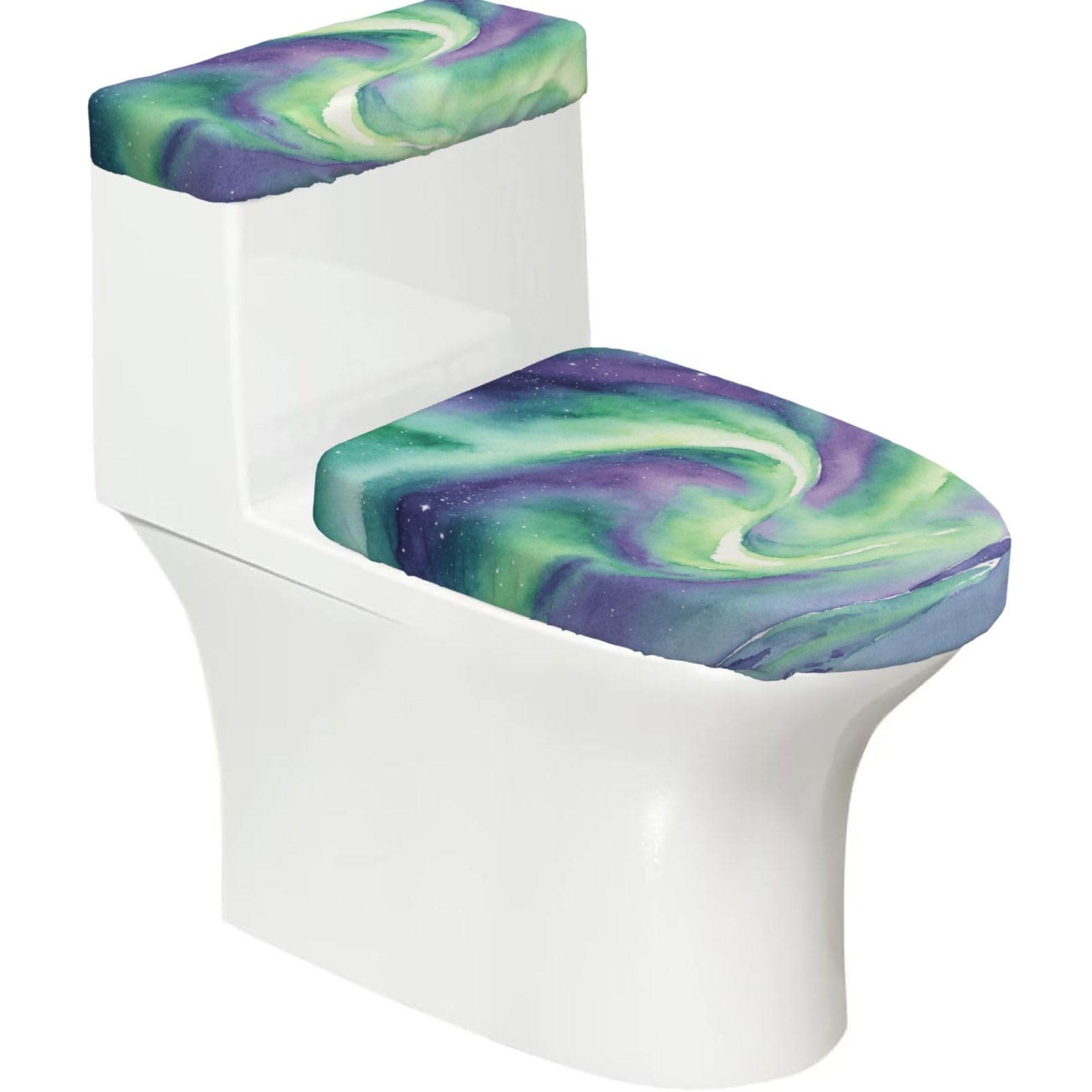 Aurora Wash Elastic Toilet Cover Set of 2-Stretchy Lid and Tank Covers for Bathroom, Soft Washable U Shape Toilet Decor