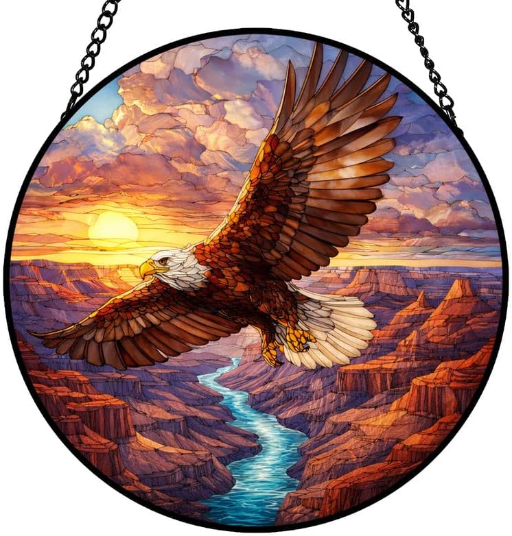 Stained Glass Window Hanging Suncatcher 11.8 in Majestic Bald Eagle Sunset Canyon Colorful Glass Panel Sun Catcher for Window， Window Hanging Decor for Home， Housewarming Gift