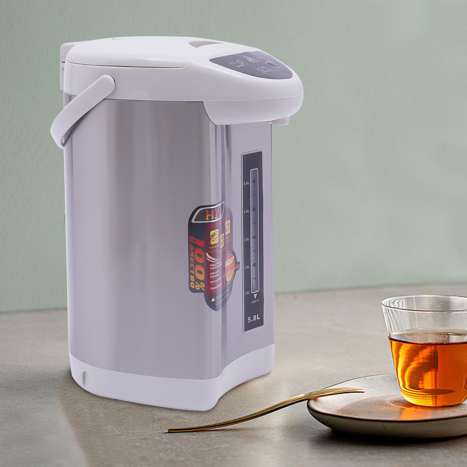 Heißwasserspender, 750W 5.8L Fassungsvermögen Elektrische Thermokanne Thermoskanne Edelstahl Elektrische Heißwasserkanne Edelstahl Wasserkocher Großes Wasserwärmer für Zuhause Schule Büro