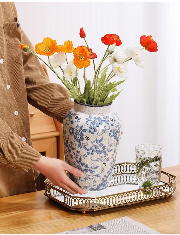 Decorative 10 inch Ceramic Flower Vase, Blue and White Floral Pattern, Crackle Glaze Finish - Image 3