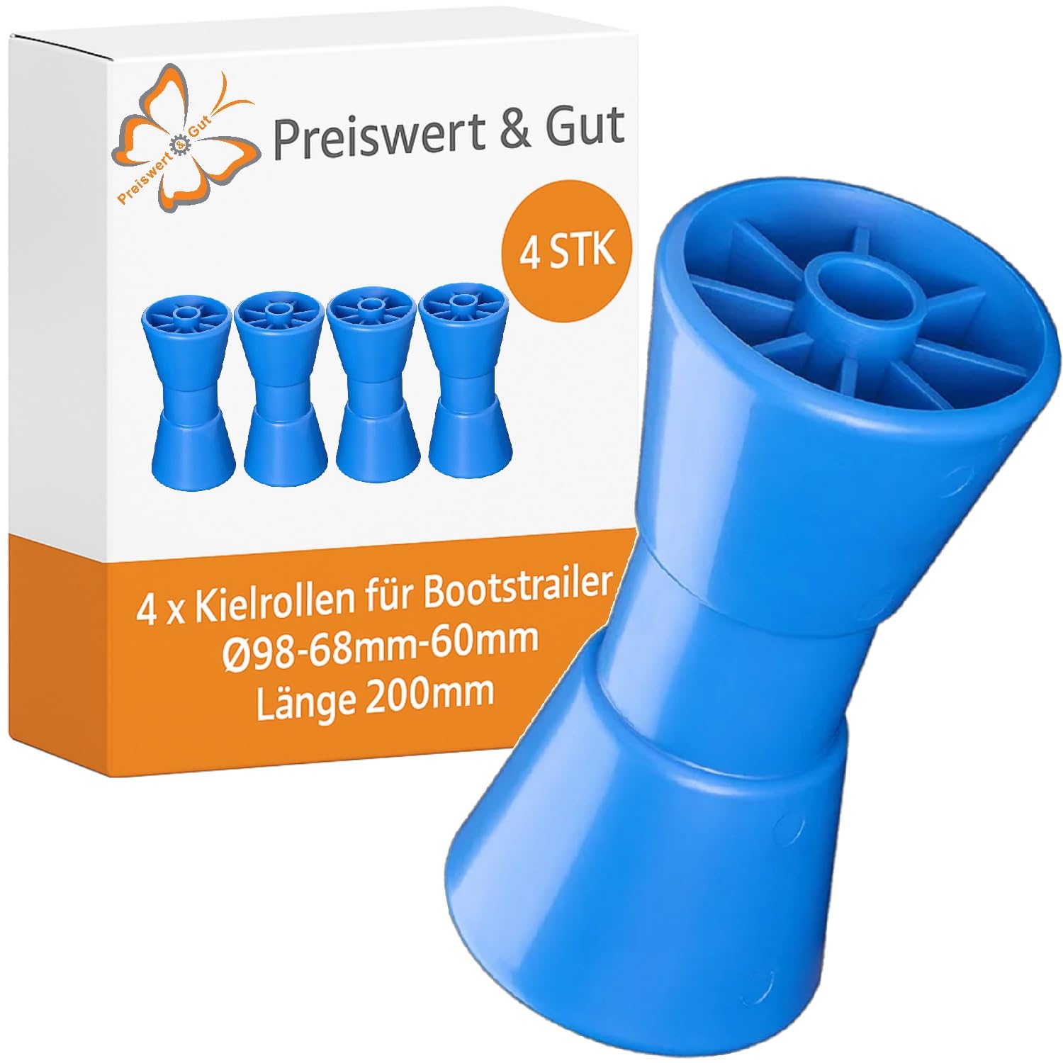 Preiswert&Gut 4 x Kielrollen – 200mm Länge, Ø 98-68mm – Rollen für Bootstrailer aus Polyethylen – Hochwertiges Bootszubehör & Boot Trailer Zubehör in Blau