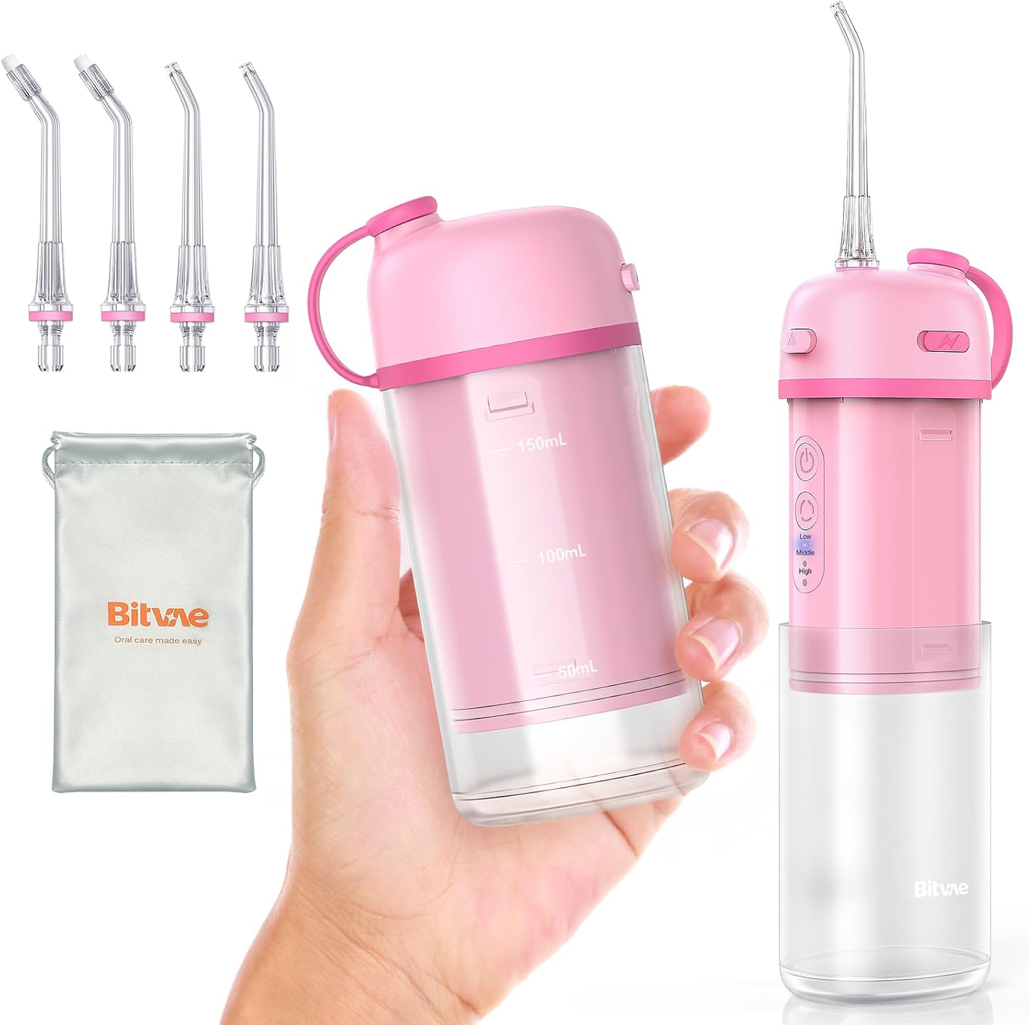 Bitvae P1 Water Flosser for Teeth, Portable Mini Water Flosser, Cordless Water Teeth Cleaner Picks with Telescopic Water Tank, Type-C Rechargeable Oral Irrigator for Travel & Home (Pink)