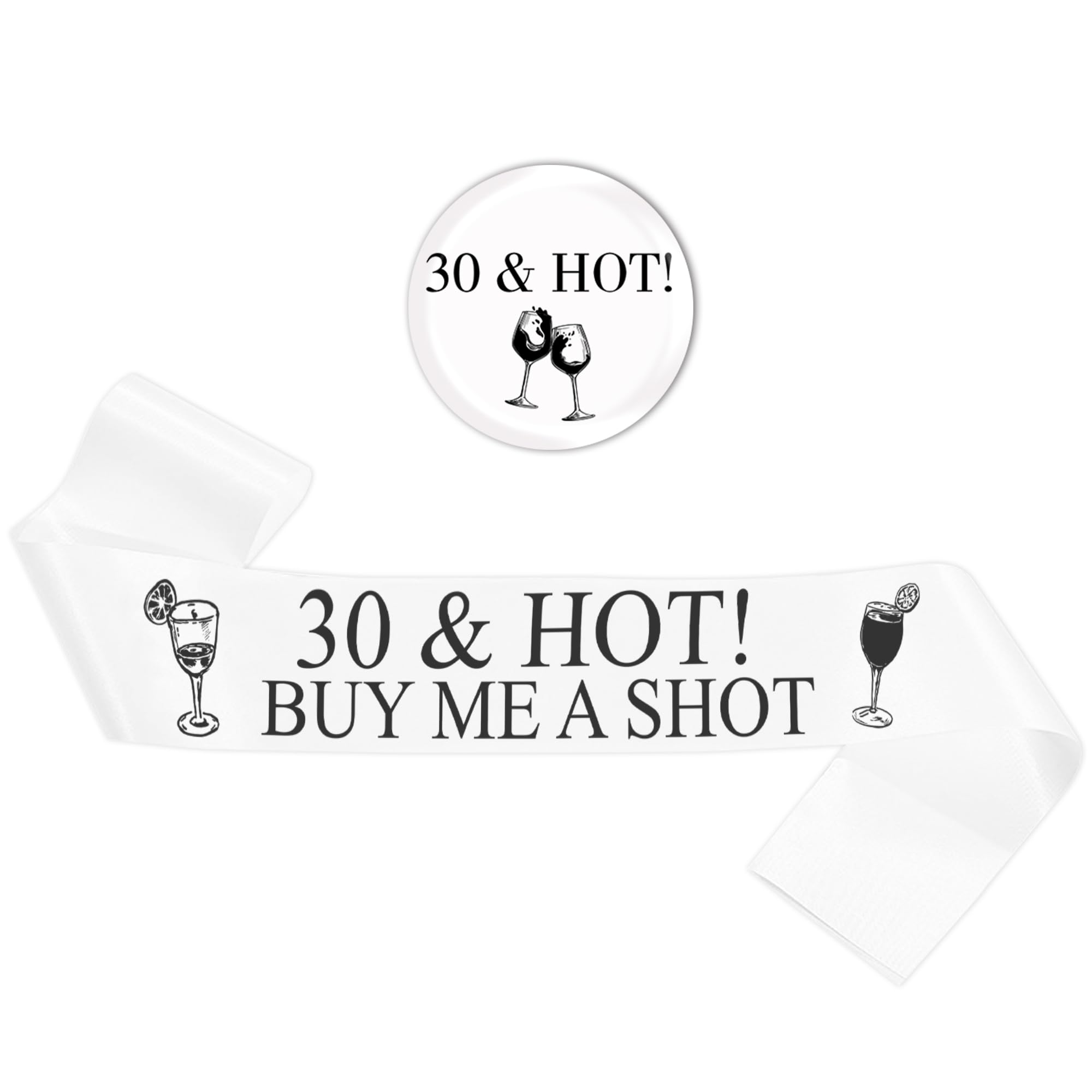 30th Birthday Decorations Sash for Women, Black and White 30th Hot Sash with Button Badge