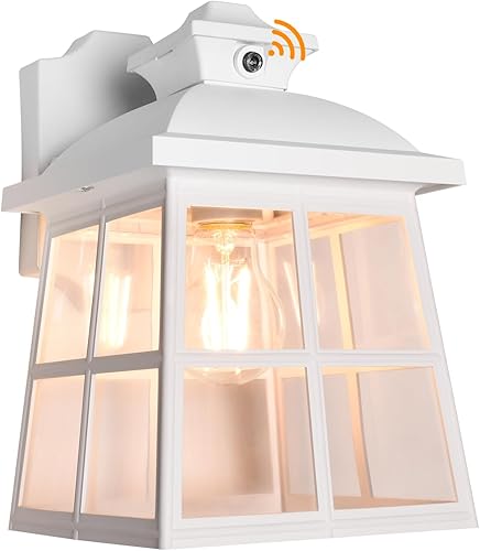FUDESY Linterna LED de pared para exteriores del atardecer al amanecer, luz de porche con sensor de fotocélula de plástico blanco con bombilla de