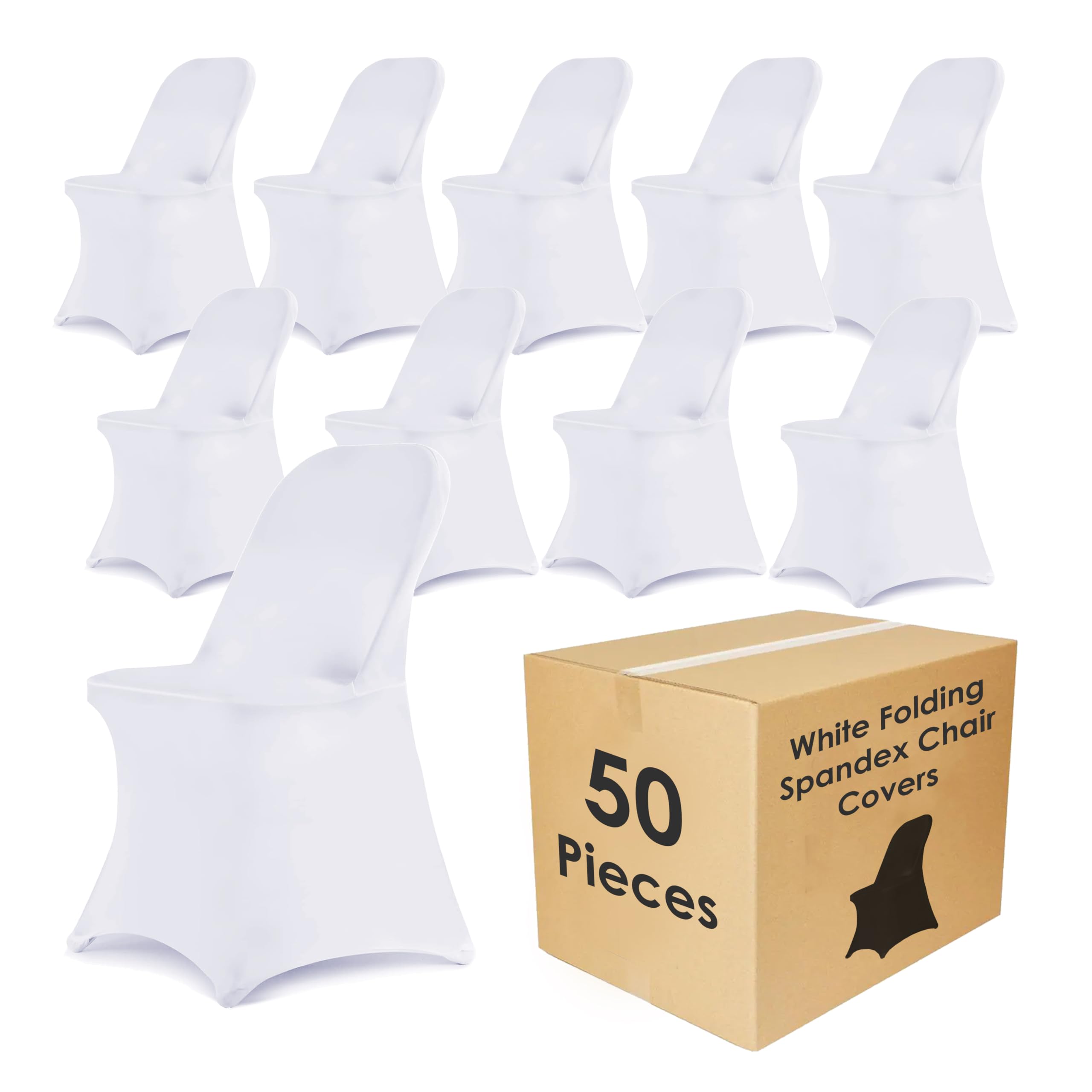 Craft And Party 50 Pack White Spandex Folding Chair Covers, Stretch Polyester Slipcovers for Wedding, Party & Dining Chairs – Flat Front Design, Universal Fit