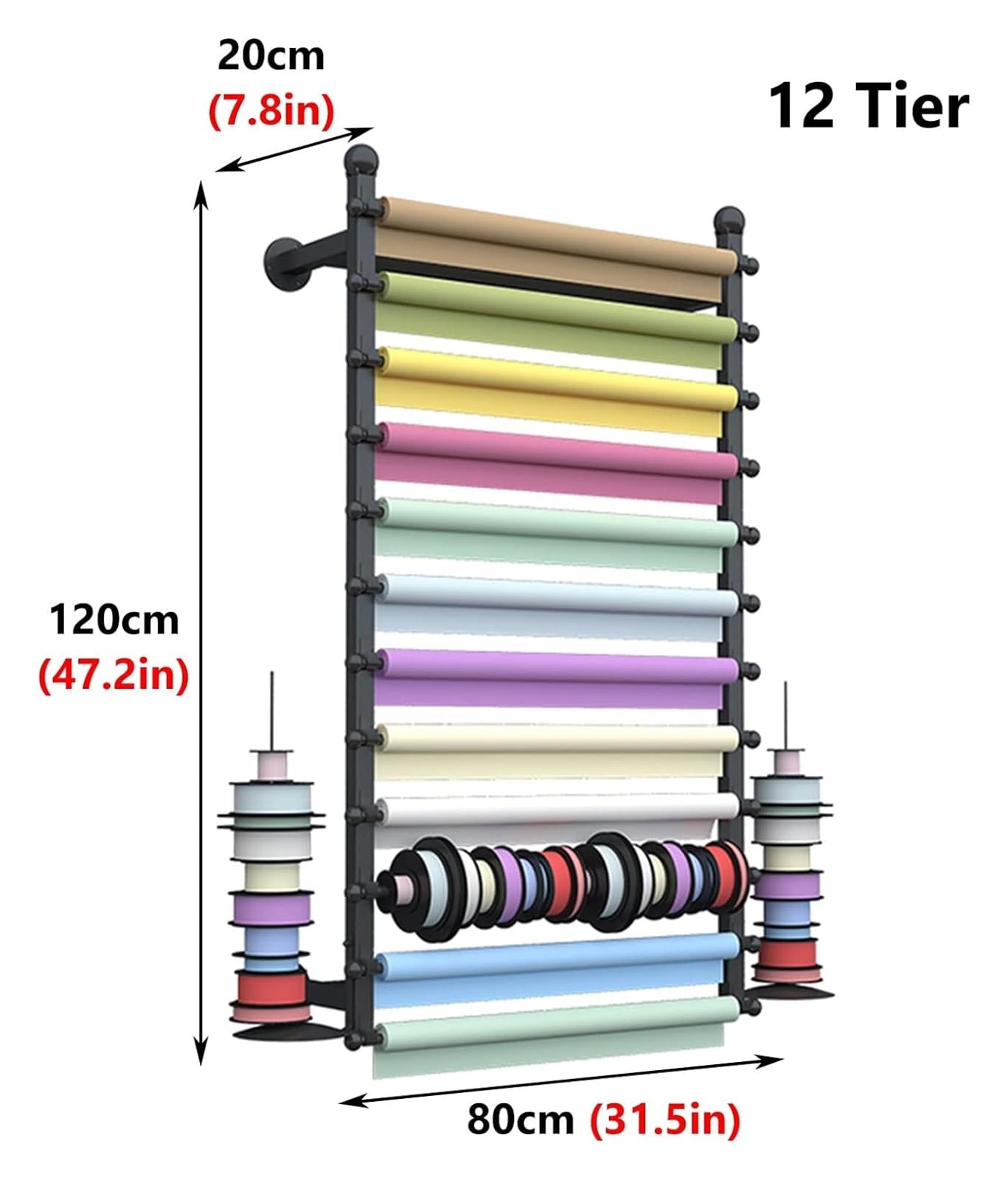 Stojak do przechowywania wstążek, bardzo duży organizer na papier do pakowania, metal, ze wspornikiem montażowym, dekoracja pokoju do szycia (kolor: czarny, rozmiar: 80 x 20 x 120 cm)