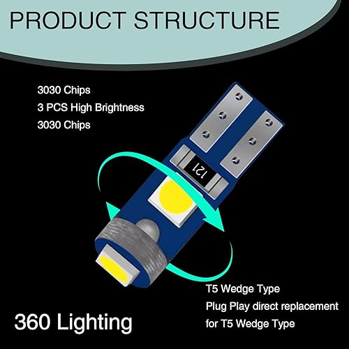 Miniatura 6 de Ajxn 10 luces LED para instrumentos para automóvil, T5 3030 3SMD, cuña, luz indicadora de racimo de instrumentos, 74, 37, 27, 17, 2721, bombilla