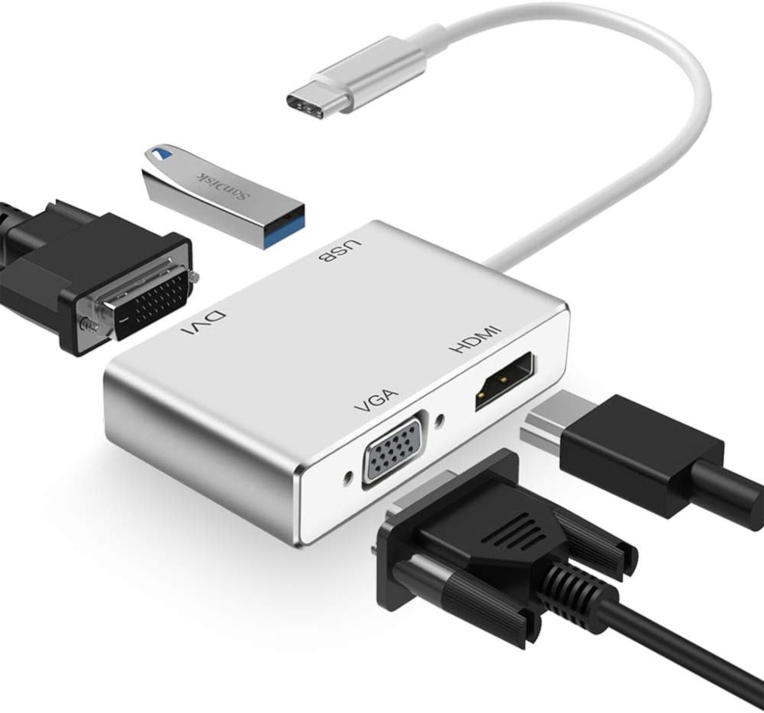 Faersi Adaptateur 4K Type C Vers HDMI, USB-C 3.1 Vers DVI VGA USB 3.0 Hub Multiport Compatible Avec MacBook/MacBook Pro/Chromebook Pixel/Samsung Galaxy S8/S8 Plus Pour HDTV/Moniteur/Projecteur