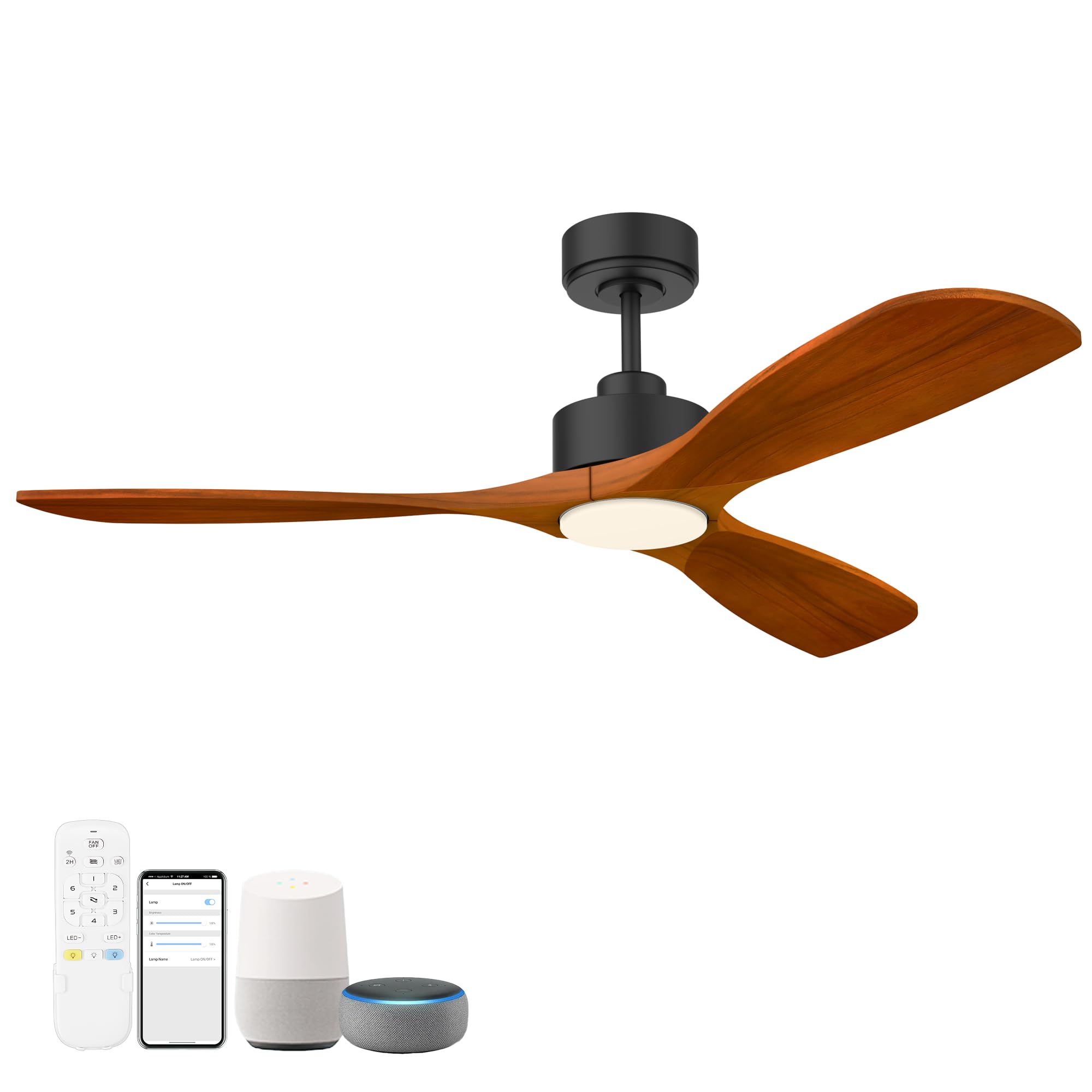 52” Wood Smart Ceiling Fans with Lights Remote,Quiet DC Motor,Outdoor Indoor Ceiling Fan,Voice Control via WIFI Alexa App,Dimmable,Modern Black Lighting& Ceiling Fan for Bedroom Patio Porch