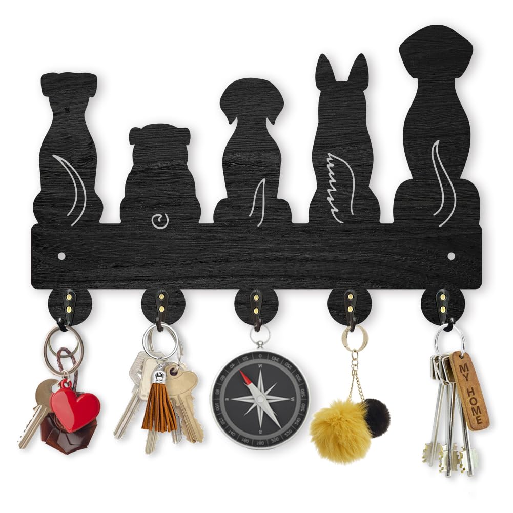 MAYJOYDIY Dog Wall Mount Key Holder 30×20cm Dog Leash Organiser with 5 Alloy Hooks Pet Animal Black Key Rack Hanger for Gift Kitchen Bathroom Clothes Home Decoration