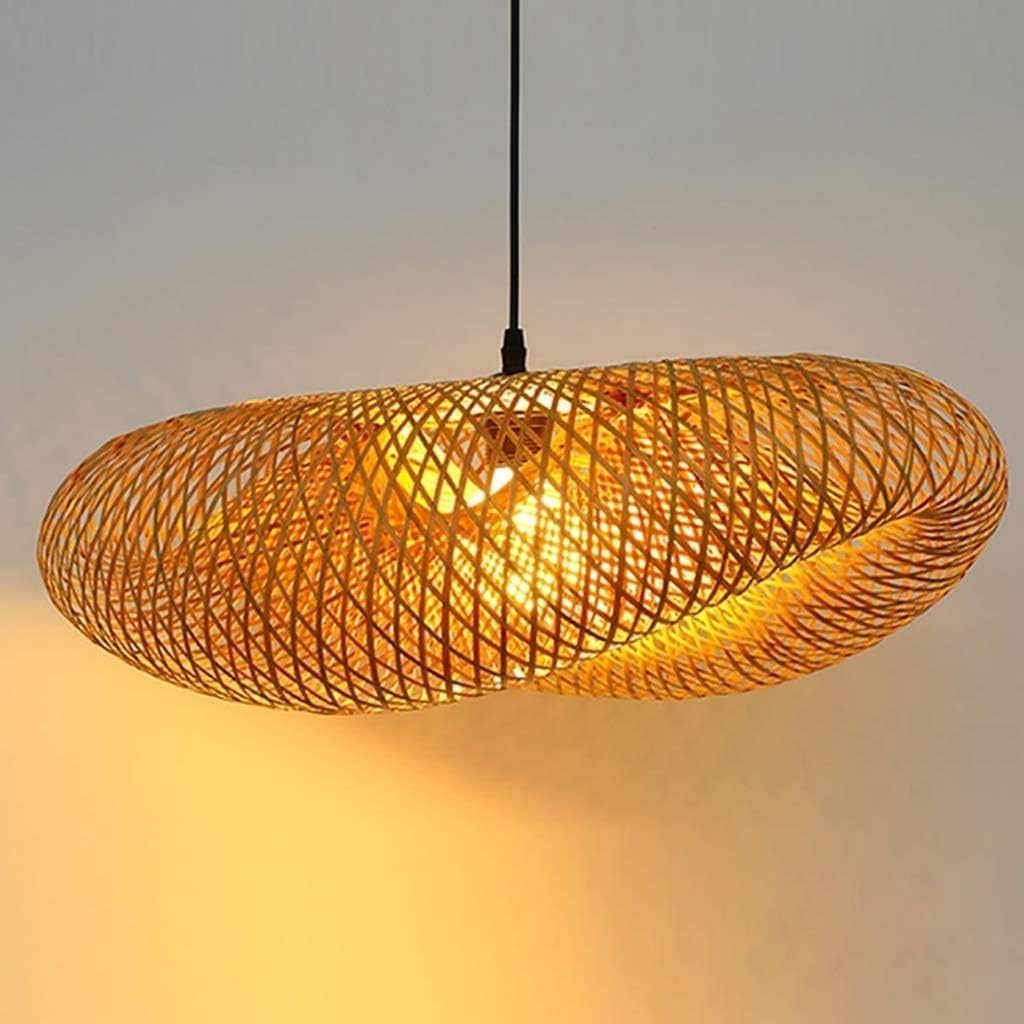 SYAXVOM Pendant Light E27 Wood Vintage Bamboo Lantern Ceiling 80cm Hand-Woven Rattan Lampshade Lamp Retro Round Chandelier 50cm Restaurant Corridor Living Room Bar Coffee,60CM