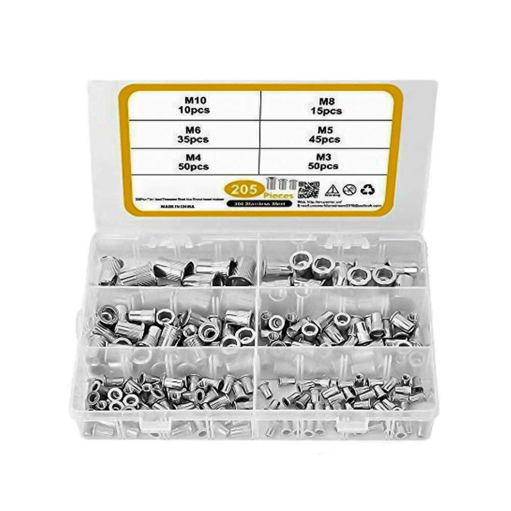 Dadi rivettati filettati, Confezione da 205 kit di dadi rivettati a testa piatta in acciaio inossidabile 304 M3/M4/M5/M6/M8/M10