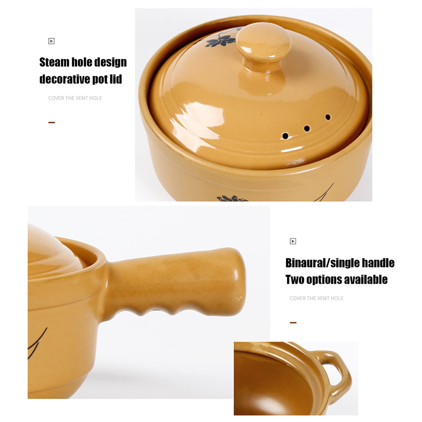 Olla para Cocinar Cazuela De Cerámica Cazuela De Cocina Apta para El Horno, Olla De Piedra De Barro Natural, Artesanía Tradicional, con Asa, 1.8L (Binaural 1.1L)