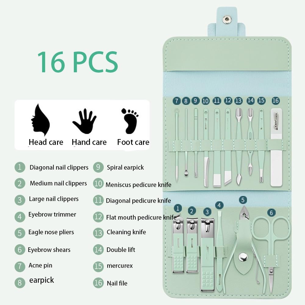 Cortaúñas de 16 Piezas para el hogar, Kit de manicura de Acero Inoxidable, portátil para Viaje, imprescindible para manicura (Amarillo)
