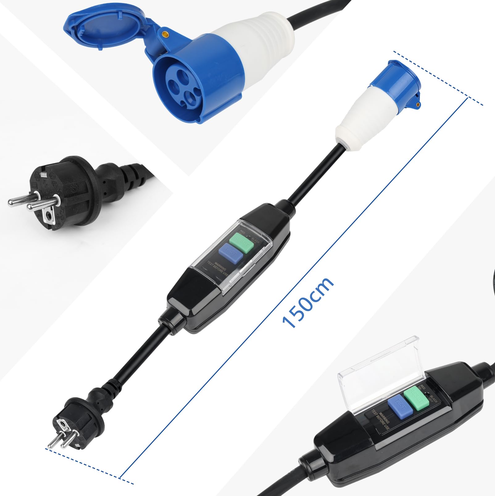 Adapterkabel 300 cm Schuko auf CEE mit Fehlerstromschutzschalter, CEE Stecker Verlängerungskabel IP44/IP55, 3x2.5mm² H07RN-F Neoprenkabel, Strom Adapter Campingstecker Adapter Set für Camping