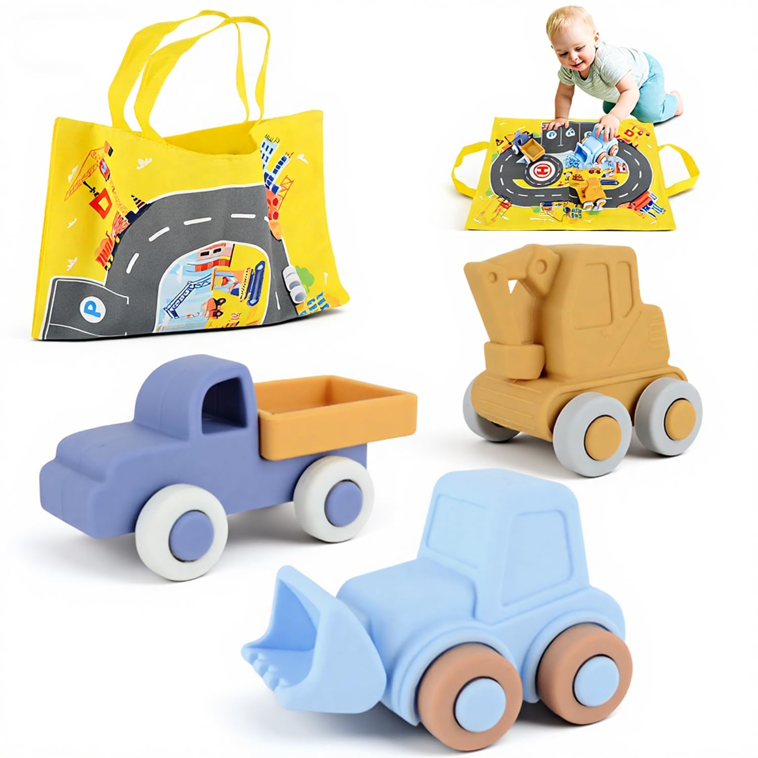 Juguetes Coche Bebé 1 Año+, Vehículos de Construcción de Silicona con Alfombra de Juego 2 en 1 Bolsa de Almacenamiento, Coche para Bebe Sin BPA, Juguete Montessori Sensoriales Regalo Niño Niña