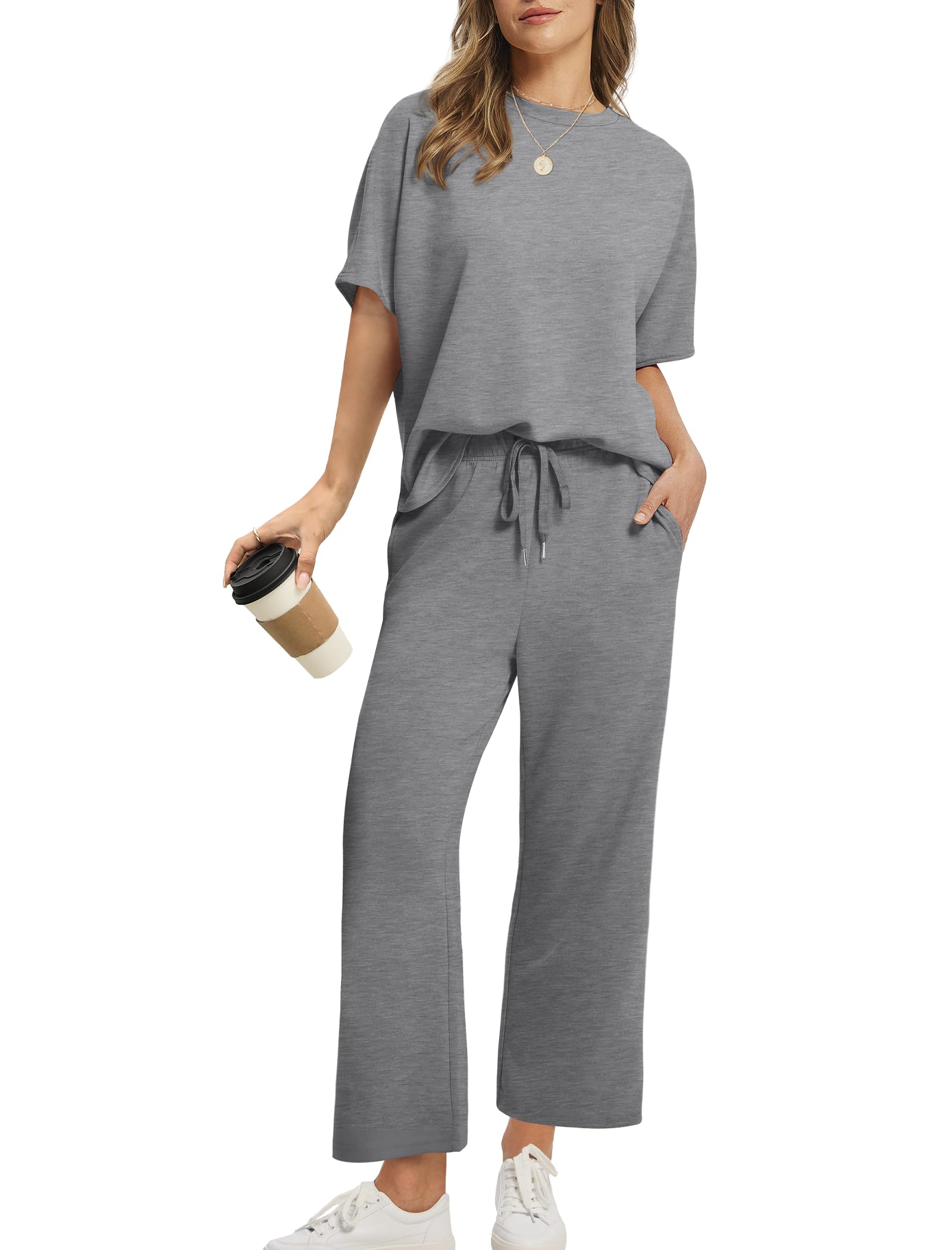 Photo 1 of Sampeel Summer Outfits for Women Two Piece Sets Plus Size Womens Clothing Dressy Lounge Matching Sets Beach Vacation Outfits Gray XL