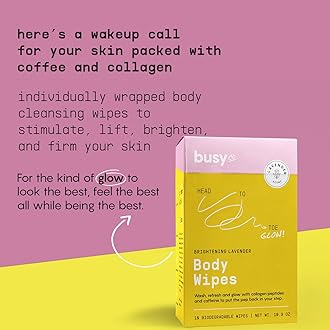 BUSYCO Glow Line Large Body Wipes for Women - Lavender Rose Sweat and Shower Wipes (10-ct) - No Rinse With Caffeine and Collagen Peptides - Adult Extra Large