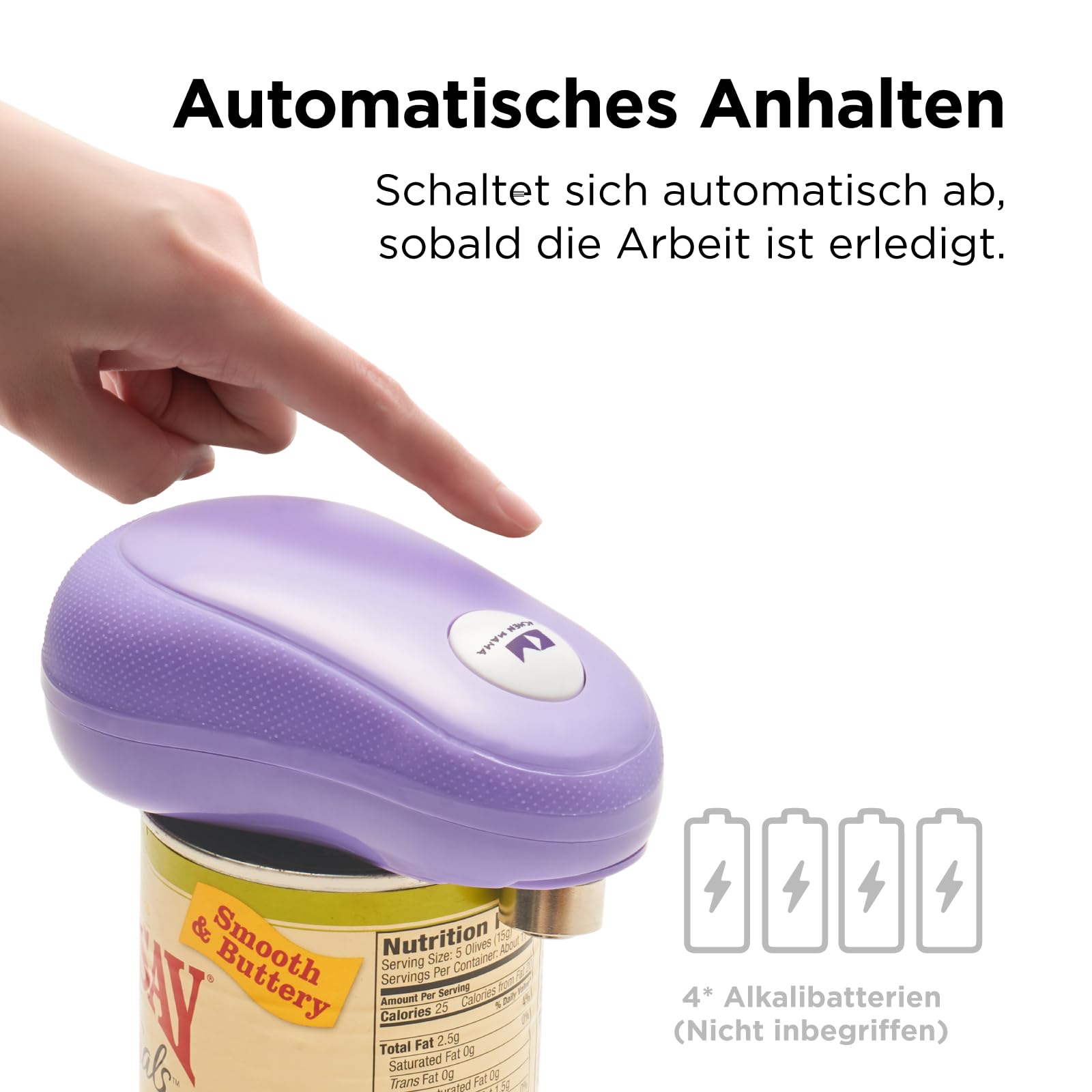Elektrischer Dosenöffner One-Touch von Kitchen Mama: Öffnen Sie Dosen einfach per Knopfdruck – automatisches Anhalten nach getaner Arbeit, ergonomisch, glatter Rand, lebensmittelecht (Lila)