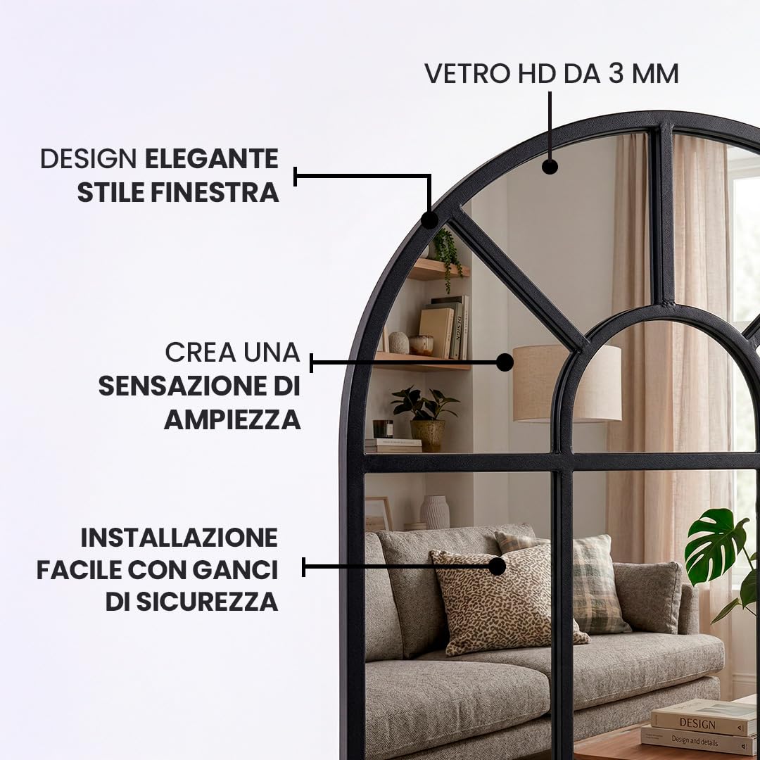 Marctani Specchio ad Arco da Parete in Metallo - Grande Specchio Finestra da Parete Decorativo per Ingresso, Soggiorno e Camera