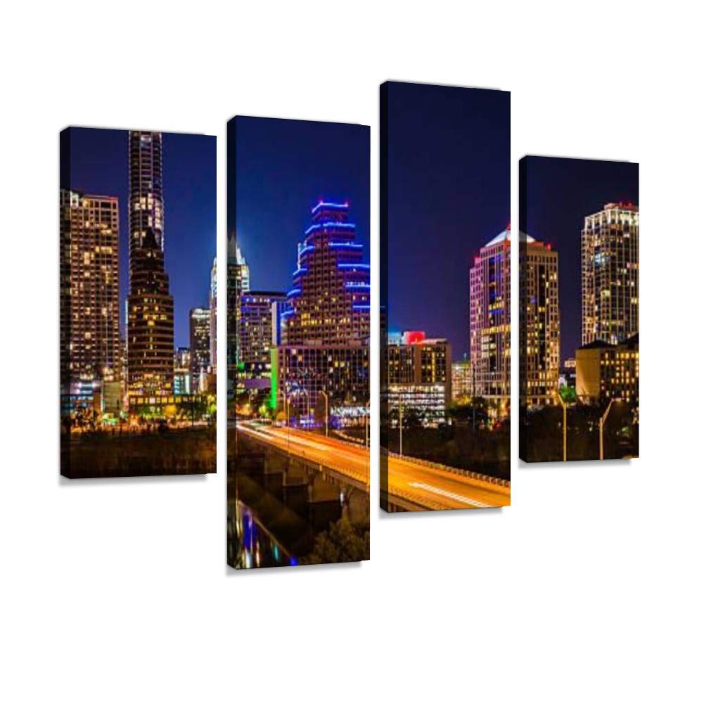 Austin Texas Evening Excitement Cityscape, Skyline, Skyscrapers Canvas Wall Art Hanging Paintings Modern Artwork Abstract Picture Prints Home Decoration Gift Unique Designed Framed 4 Panel
