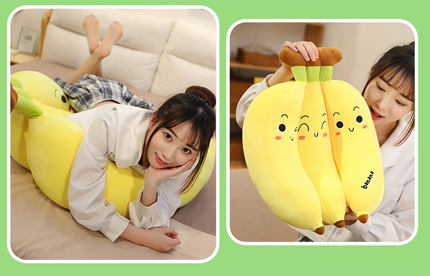 VICKYPOP Banana Plush Toy Cute Cartoon Stuffed Furit Pillow for Home Decor or Kids (Three Conjoined Bananas, 13.7 inches)