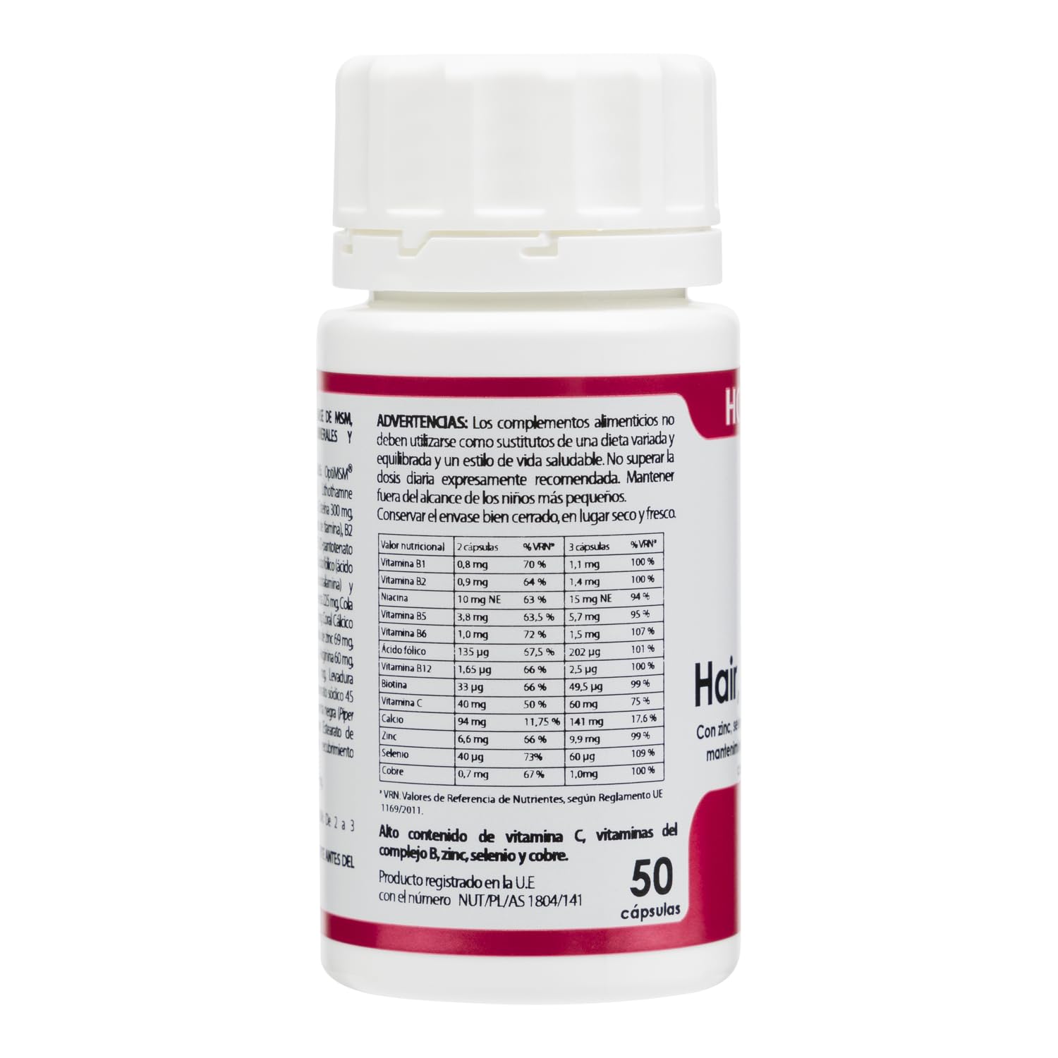 Holomega Hair, Skin & Nails Equisalud 50 Cápsulas | Biotina, Zinc, Selenio, MSM y Ácido Hialurónico | Cabello, Piel y Uñas | Belleza Desde el Interior para Mujer