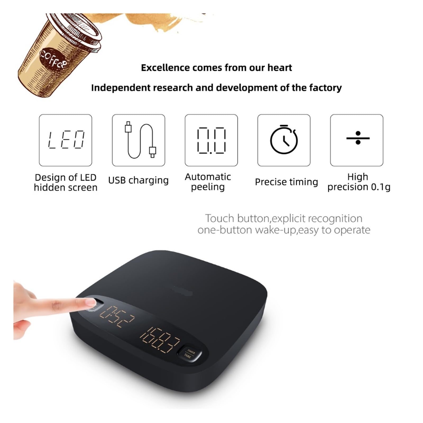 Báscula De Café Digital Electrónica Con Pantalla Táctil Temporizador, Cocina Recarga USB, Herramientas Medición LCD, 2kg/0,1g Medición Precisa Esfuerzo(Black)