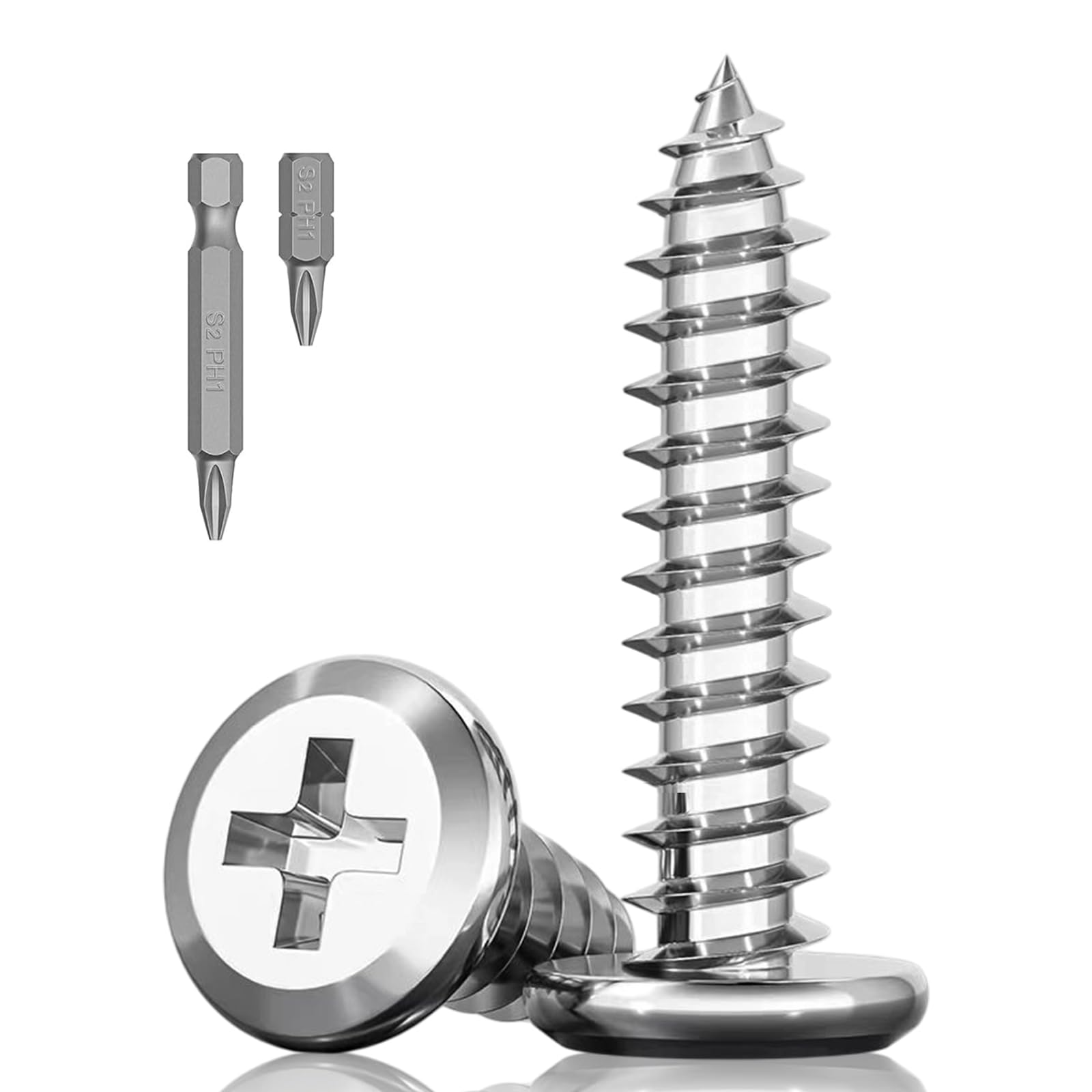 30Pcs M4 x 35mm Flat Head Self-Tapping Screws, 304 Stainless Steel Phillips Drive Fastener Screws, Cross Drive Self Drilling Screws 2 Bits for Wood, Furniture and DIY Projects