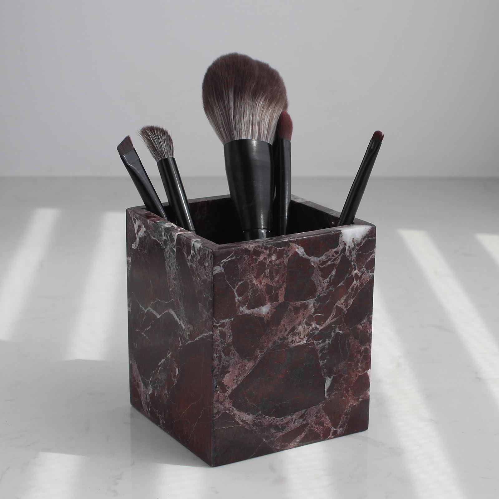 Natural Rosso Levanto Marble Square Storage Container for Toothbrush/Makeup Brush/Pens, Countertop Organizer Bathroom