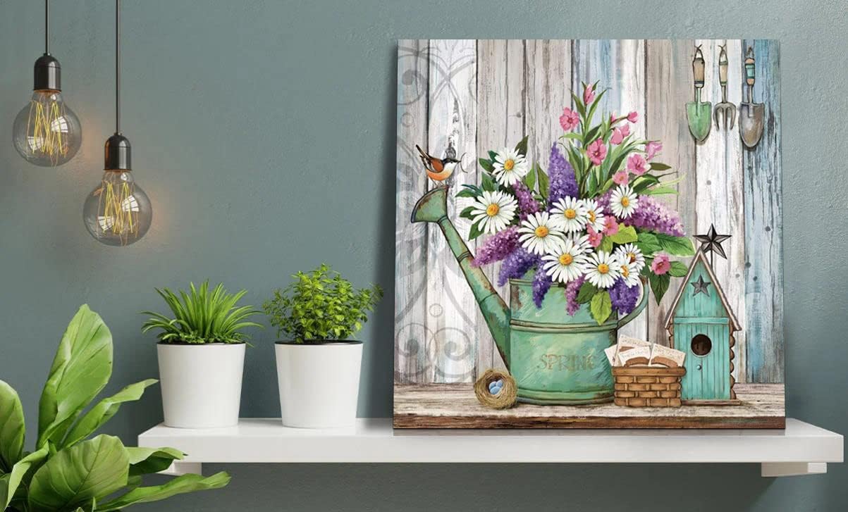 LAIART Farmhouse Decor Canvas Wall Art Lavender White Flowers Picture Vintage Wood Grain Modern Home Artwork