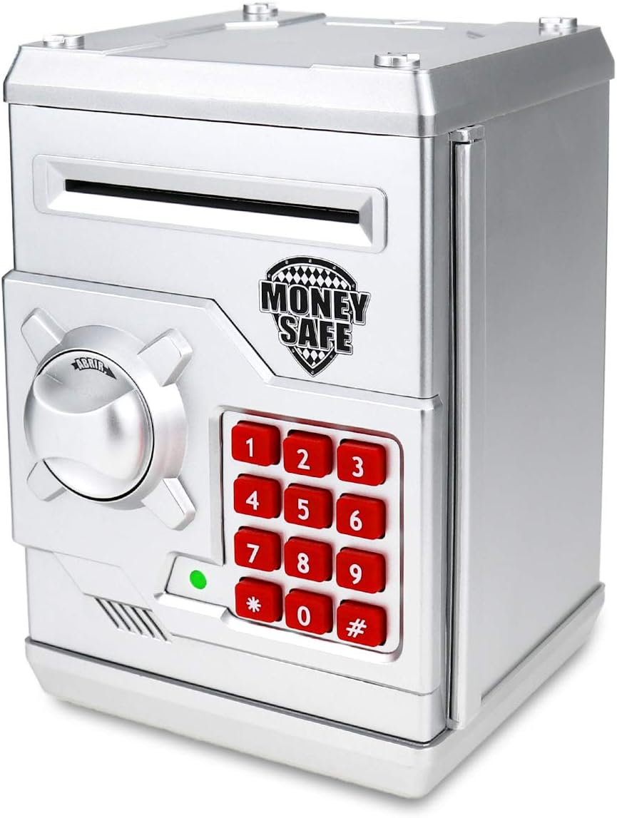 Piggy Bank for Boys Girls, 4 5 6 7 8 9 10 Year Old Girl Boy Birthday Gift Ideas, Electronic Password Money Saving Box ATM, Great Gift Safe Bank Toys for Kids (Silver)