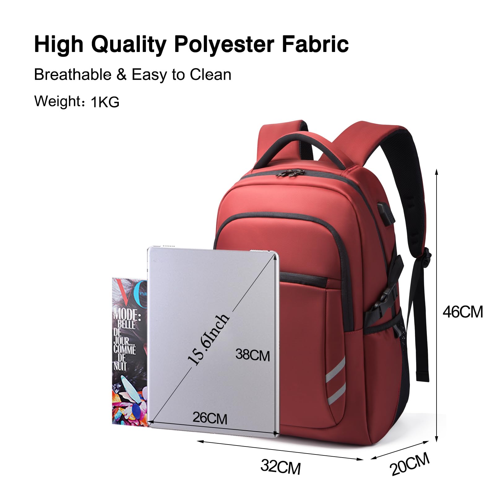 FANDARE Mochila de Viaje Gran Capacidad con Puerto de Carga USB, Mochila Ligera y Resistente para Ordenador de 15.6 Pulgadas, Incluye Correa para Equipaje, Tiras Reflectantes