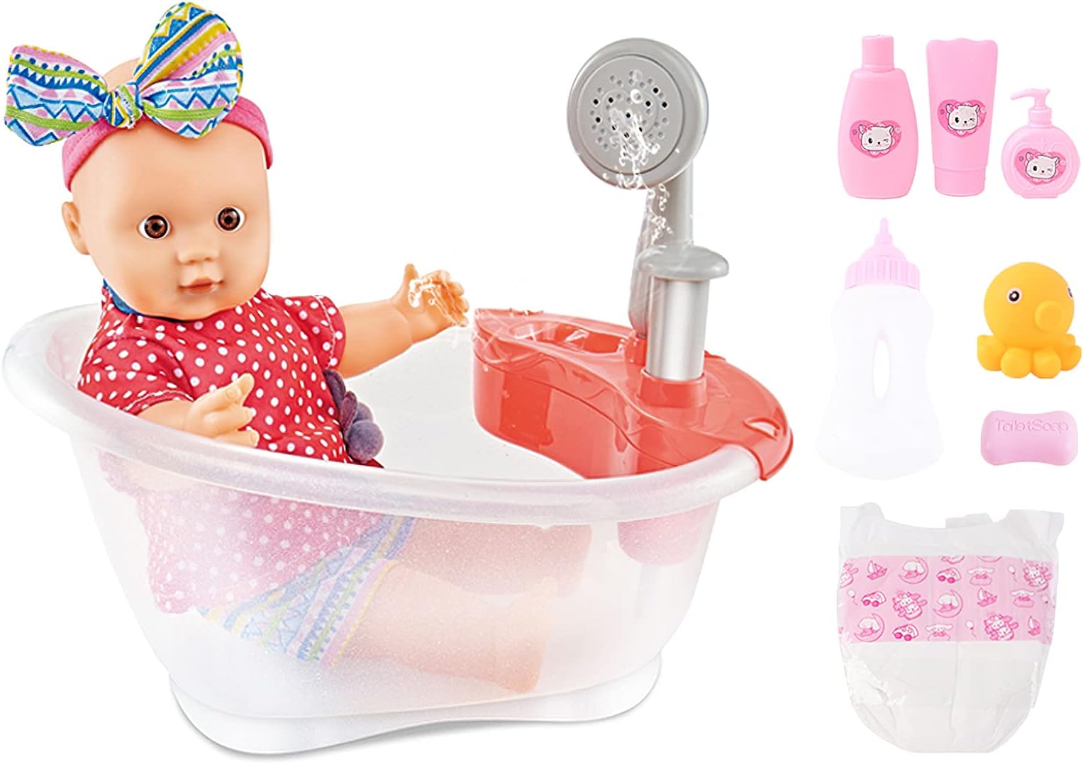 deAO Bath Play Set for 3-10 year olds, with Real Water Faucet Function and Baby Doll Accessories Included, White