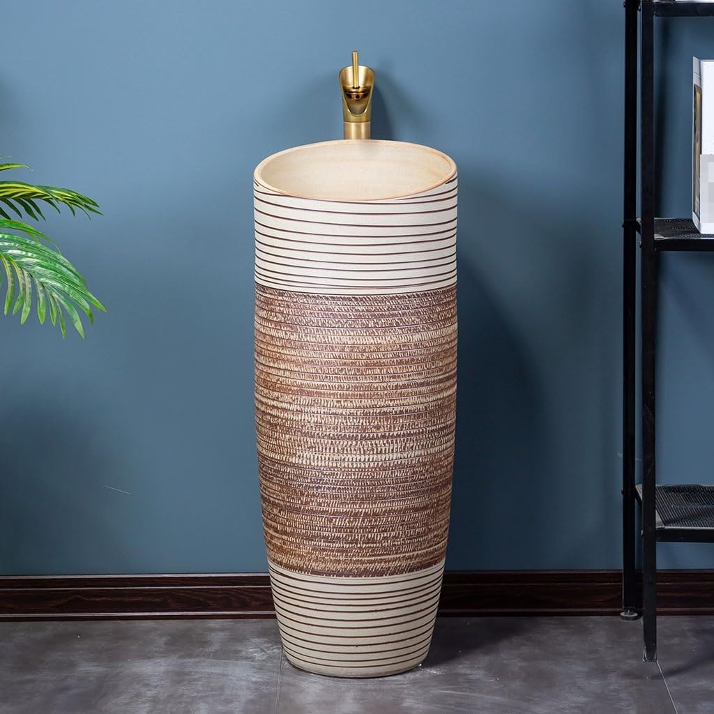 Pedestal Sinks Chinese Style Balcony Column Wash Basin Integrated Floor-Standing Outdoor Type Bathroom Sink (A)