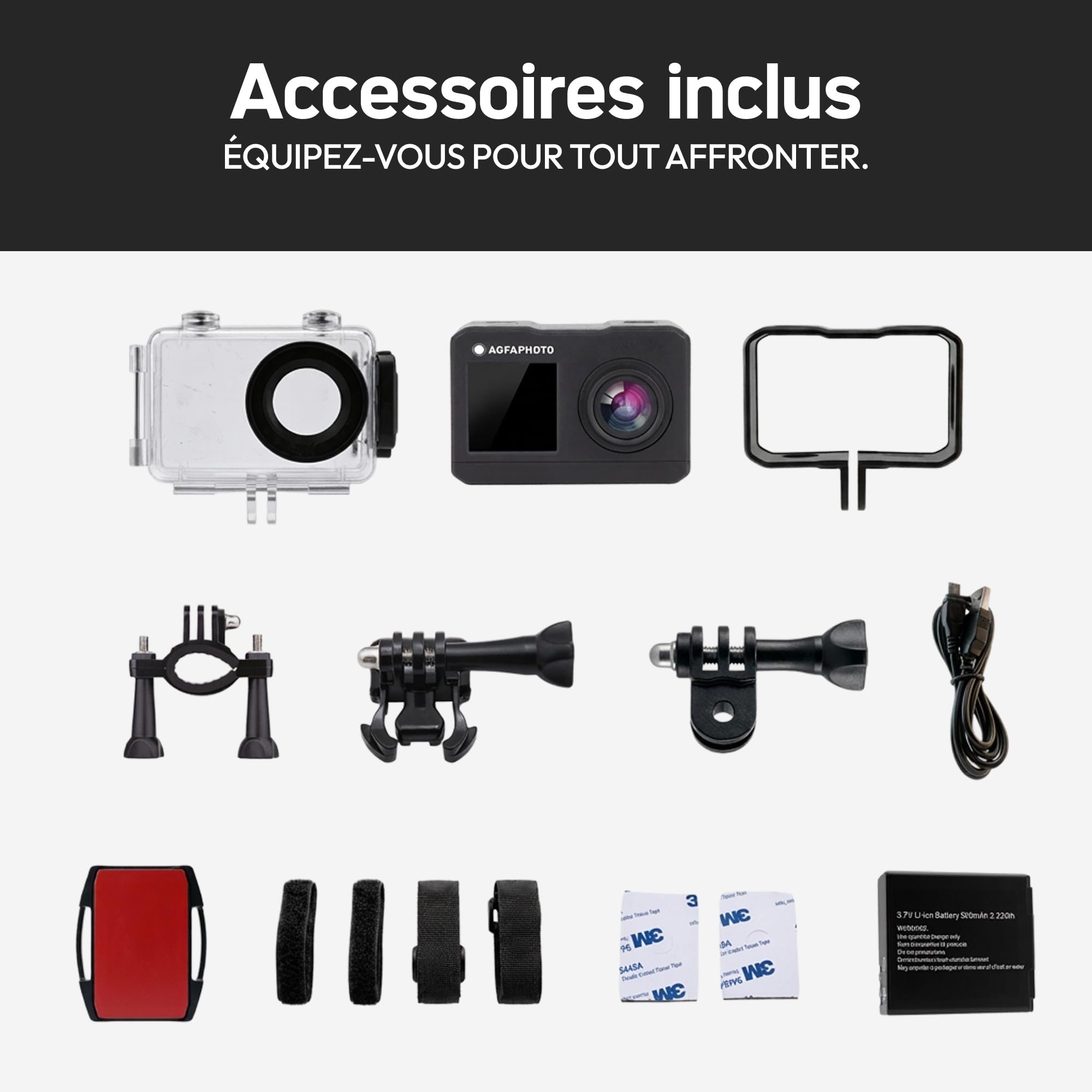 AGFAPHOTO - Caméra de Sport - AC7000 - True 2.7K 30FPS, Double Écran Tactiles, Grand Angle 120°, Boitier étanche 30m - WiFi - 10 Accessoires Inclus | Provenance France. Emballage securisé. Livré avec Facture dont TVA.