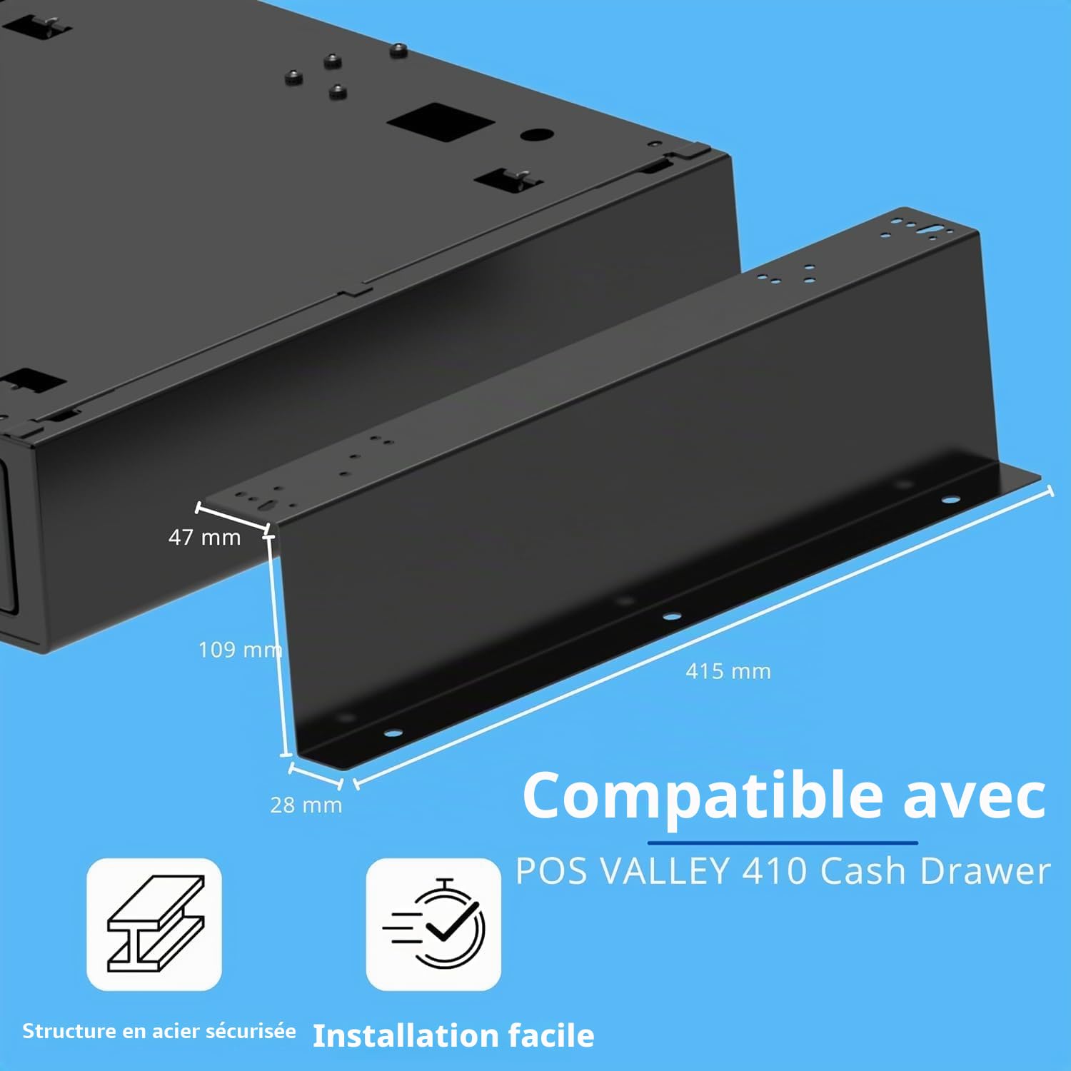 Tiroir caisse enregistreuse avec supports métalliques pour montage sous le comptoir - 4 billets/8 pièces (Euro) - 24 V RJ11/12 - 41 x 41 x 11 cm